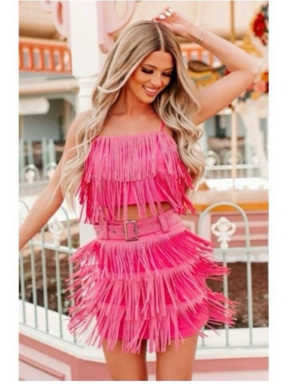 Nylon Apparel Pink rhinestone Fringe Skort Set Cropped Tank + Mini Skirt Small